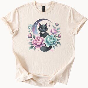 Celestial Cat Moon Flowers Graphic T-Shirt